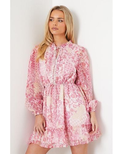 Oasis Petite Patchwork Floral Dobby Chiffon Mini Dress - Pink