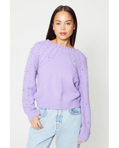 Oasis Petite Pearl Detail Knitted Cosy Jumper - Purple