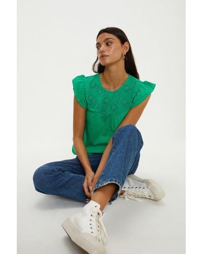Oasis Broderie Yoke And Frill Sleeve Top - Green