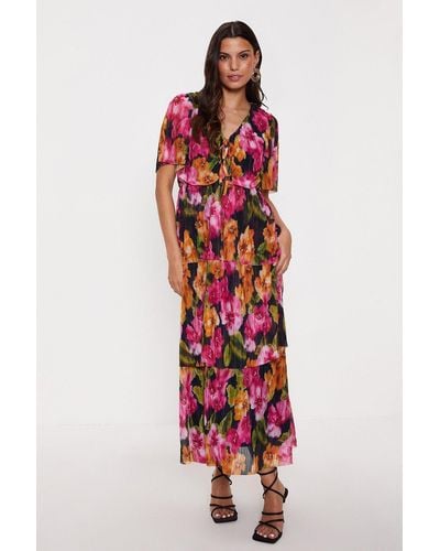 Oasis Blurred Floral Plisse Angel Sleeve Midi Dress