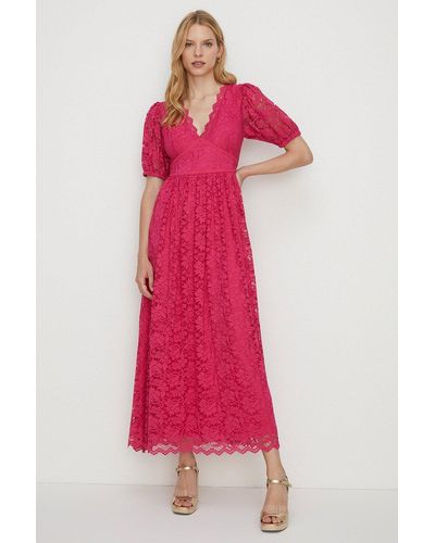 Oasis Petite Lace Puff Sleeve V Neck Midaxi Dress - Red