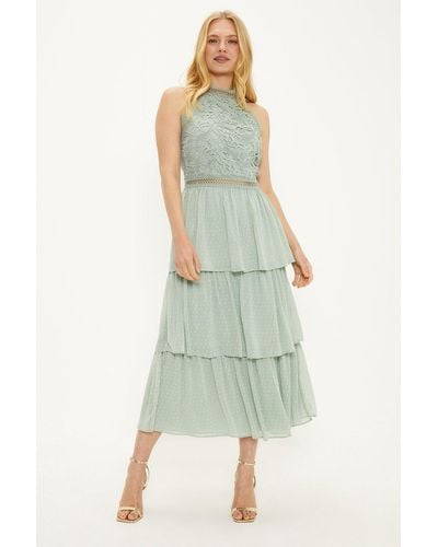 Oasis Lace Tiered Halter Neck Midi Bridesmaids Dress - Green