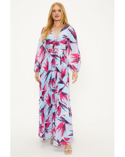 Oasis Palm Print Belted Pleated Maxi Dress - Red
