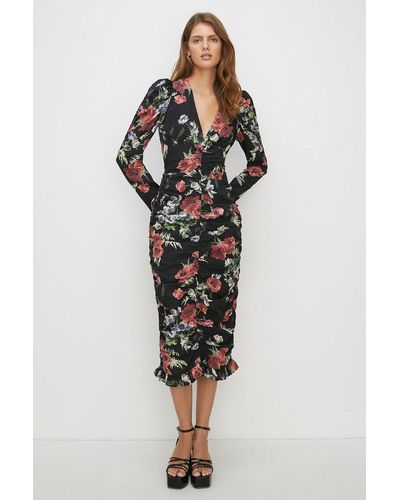 Oasis Floral All Over Ruched Midi Dress - Black