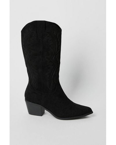 Oasis Janet Cutwork Detailed Western Calf Boots - Black