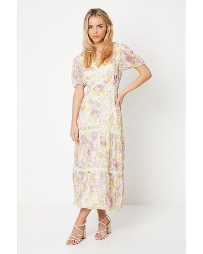 Oasis Petite Rose Floral Dobby Chiffon Midi Tea Dress - Natural
