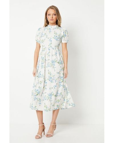 Oasis Floral Poly Moss Crepe Puff Sleeve Midi Tea Dress - White