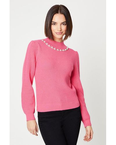 Oasis Pearl Detail High Neck Ribbed Jumper - Pink