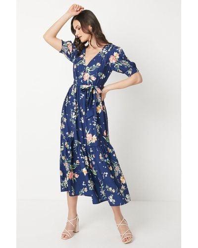Oasis Floral Poly Moss Crepe Shirred Detail Belted Midaxi Dress - Blue