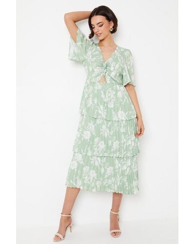 Oasis Floral Ruched Bust Pleated Tiered Midi Dress - Green