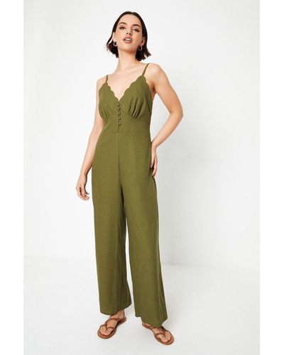 Oasis Linen Scallop Edge Button Down Strappy Jumpsuit - Green