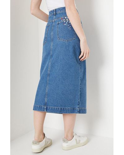 Oasis Embroidery Pocket Denim Midi Skirt - Blue
