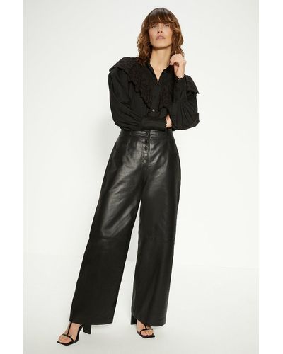 Oasis Real Leather Wide Leg Trouser - Black