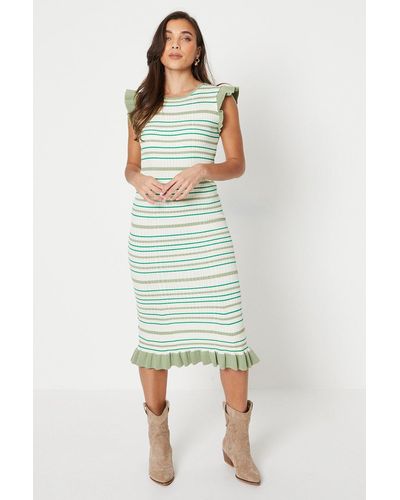 Oasis Petite Contrast Frill Stripe Knitted Midi Dress - Green