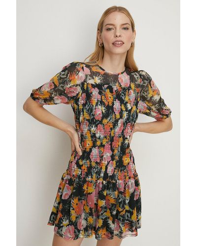 Oasis Floral Mesh Shirred Bodice Mini Dress - Black