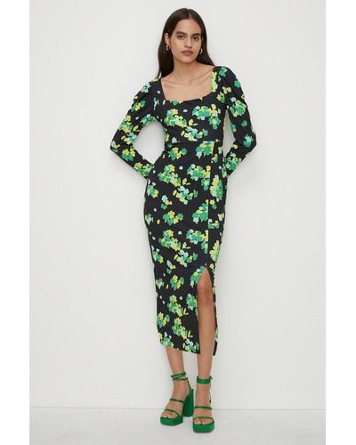 Oasis Floral Slinky Jersey Neck Tie Midi Dress - Green