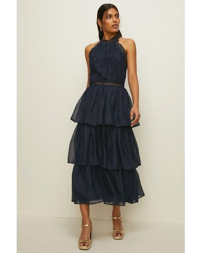 Oasis Lace Tiered Halter Neck Midi Bridesmaids Dress - Blue