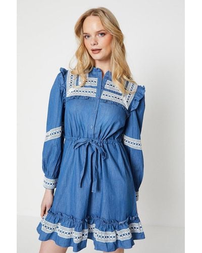 Oasis Chambray Lace Trim Drawstring Mini Dress - Blue