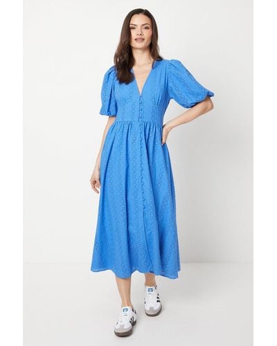 Oasis Broderie Puff Sleeve Button Through Midi Dress - Blue