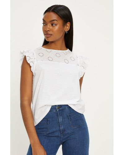 Oasis Broderie Yoke And Frill Sleeve Top - White