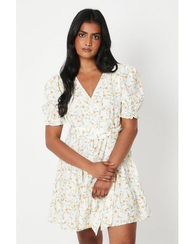 Oasis Ditsy Floral Crepe Wrap Front Belted Mini Dress - White