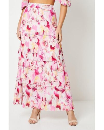 Oasis Floral Pleated Tiered Maxi Skirt - Pink