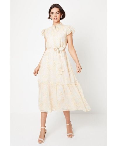Oasis Ditsy Chiffon Frill Detail Belted Midaxi Dress - Natural