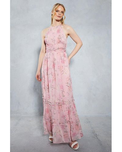 Oasis Soft Floral Halter Neck Maxi Bridesmaids Dress - Pink