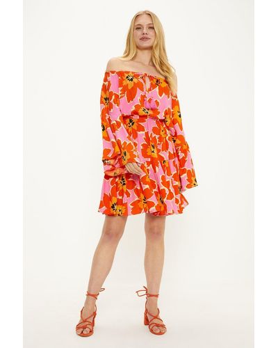 Oasis Bright Floral Bardot Dress - Red