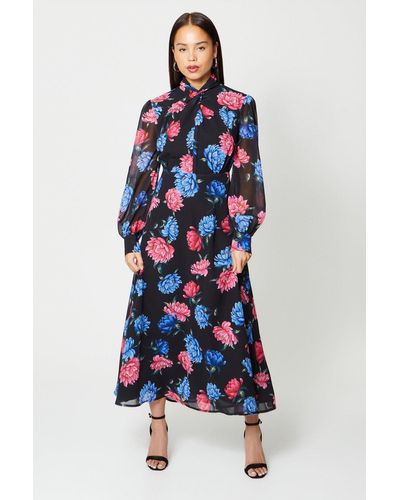Oasis Petite Multi Floral Twist Neck Maxi Dress - Blue