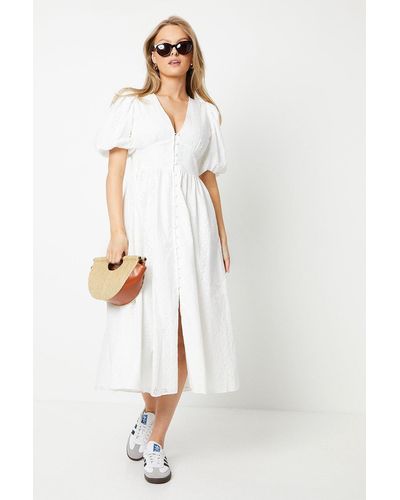 Oasis Broderie Puff Sleeve Button Through Midi Dress - White