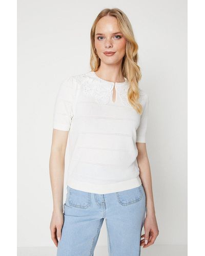 Oasis Broderie Lace Collar Knitted Top - White