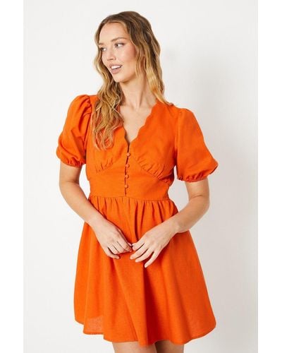 Oasis Linen Scallop Edge Button Down Mini Dress - Orange