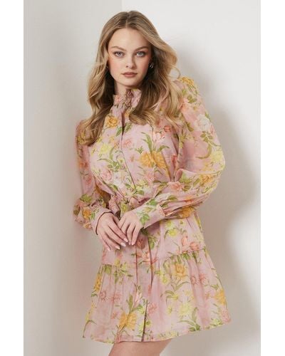 Oasis Soft Floral Organza Mini Shirt Dress - Brown