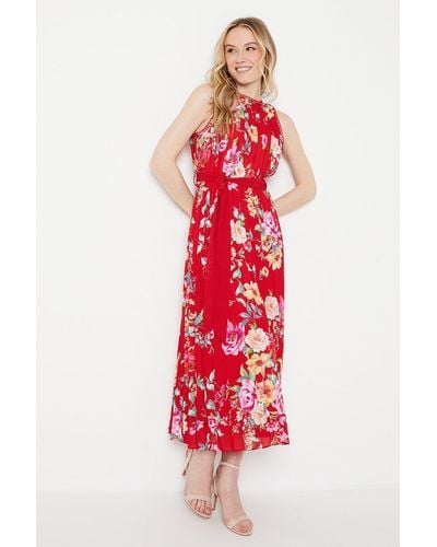 Oasis Occasion Floral Pleat Belted Midi Dress - Red