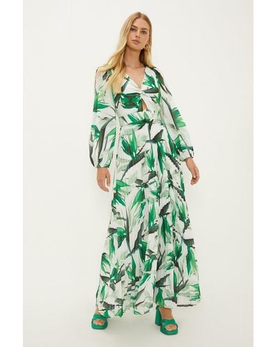 Oasis Palm Print Belted Pleated Maxi Dress - Green