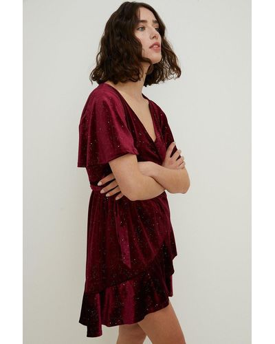 Oasis Petite Glitter Velvet Wrap Mini Dress - Red