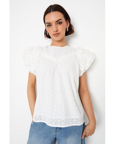 Oasis Broderie Lace Trim Ruffle Sleeve Top - White
