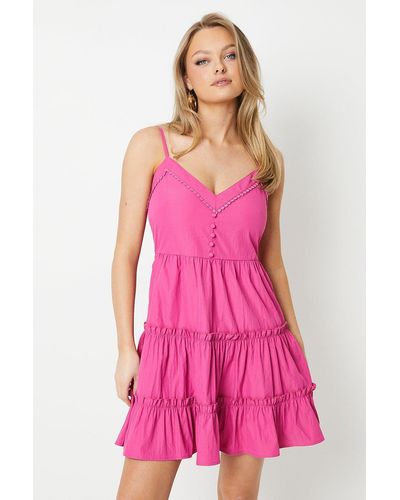 Oasis Button Down Tiered Strappy Mini Dress - Pink