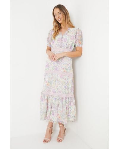 Oasis Soft Floral Chiffon Lace Insert Midi Tea Dress - White