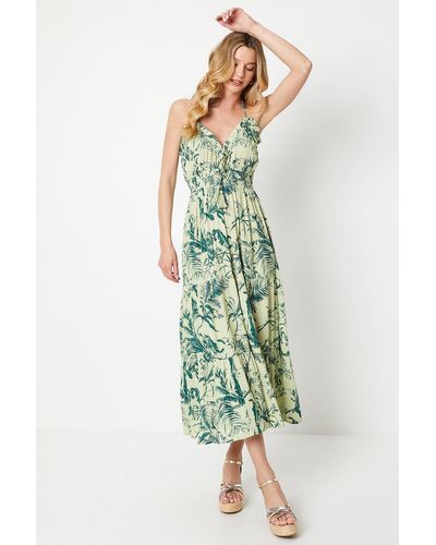 Oasis Floral Tie Front Shirred Waist Crinkle Midaxi Dress - Green