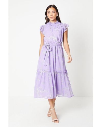 Oasis Petite Ditsy Chiffon Frill Detail Belted Midaxi Dress - Purple
