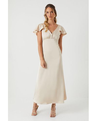 Oasis Petite Ruffle Shoulder Satin Maxi Bridesmaid Dress - Natural