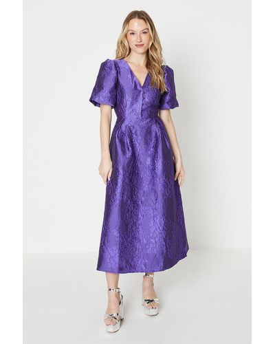 Oasis Jacquard Puff Sleeve Button Detail Midi Dress - Purple