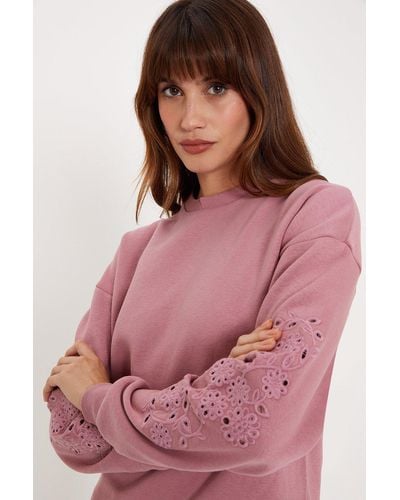 Oasis Embroidered Cutwork Crew Neck Sweatshirt - Pink
