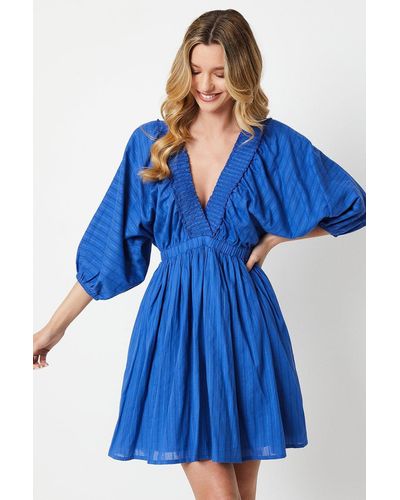 Oasis Textured Cotton Shirred Neckline Batwing Mini Dress - Blue