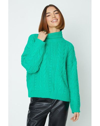 Oasis Cable Knit Funnel Neck Cosy Jumper - Green