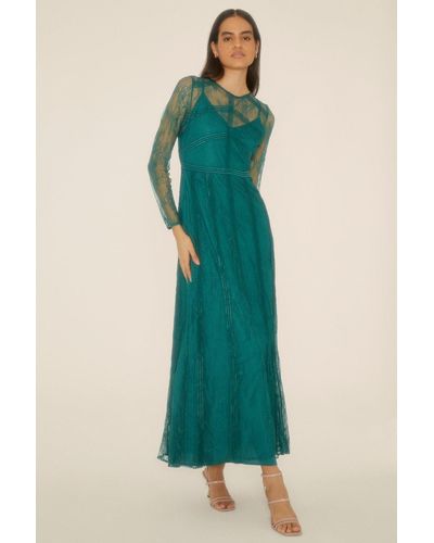 Oasis Delicate Lace Long Sleeve Maxi Dress - Green