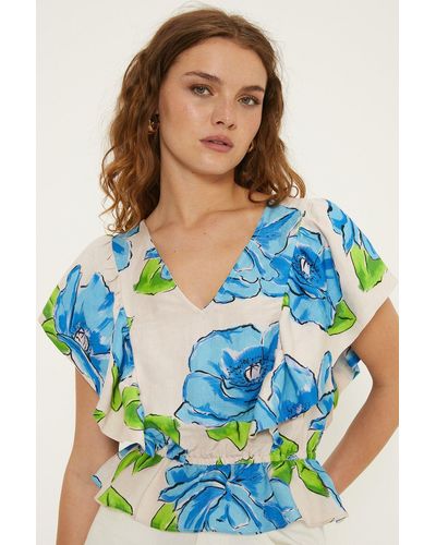 Oasis Linen Mix Ruffle Sleeve Floral Print V Neck Top - Blue
