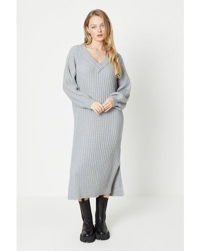 Oasis V Neck Midi Oversized Jumper Dress - Grey